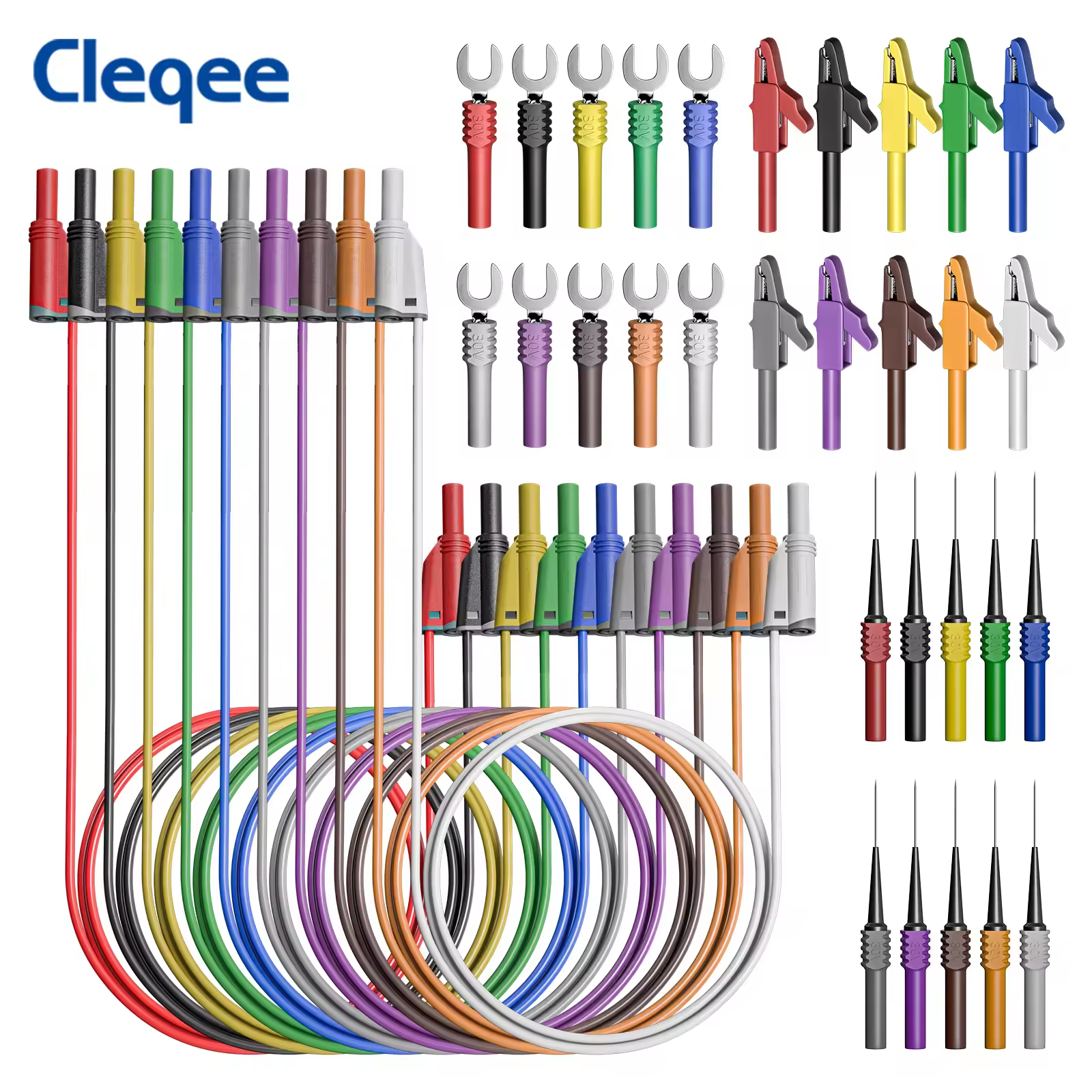 Cleqee CKT011 Stackabe Shrouded Banana Plug Silicone Test Lead Kit - 300V 15A 10 Colors