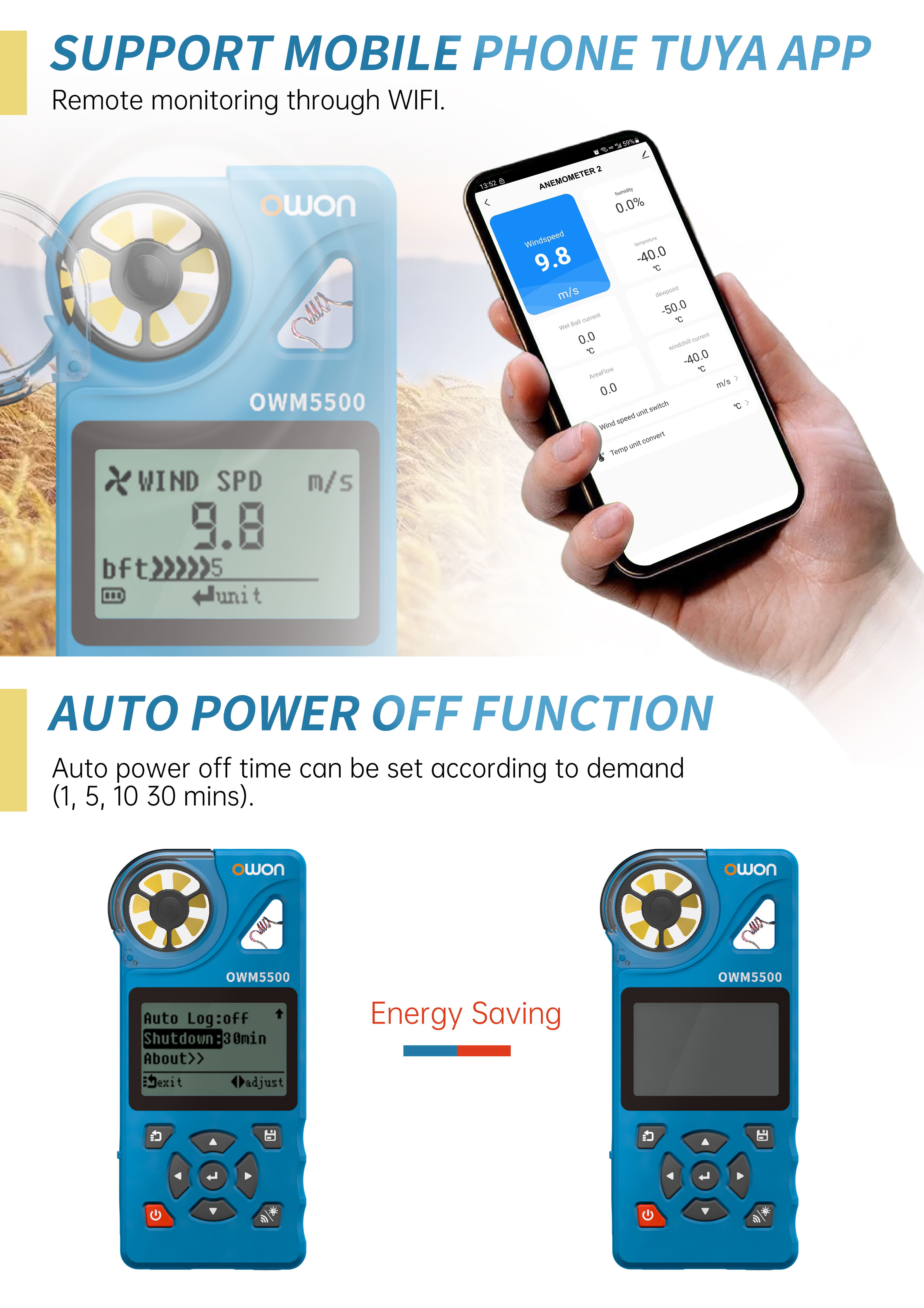Owon OMW5500 Smart Digital Anemometer (7-in-1)